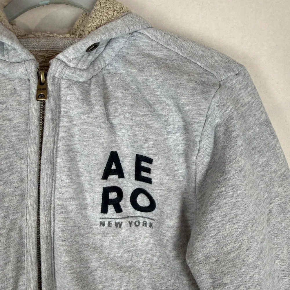 Aeropostale Hoodie Sweatshirt Kids Small Gray Full Zip Sherpa Fleece Lined Logo‎